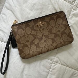 Coach Brown Signature Canvas Wristlet with Black Strap